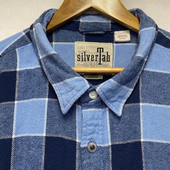 Levi's Silver Tab Oversized Plaid Flannel Metal Button-Up Shirt Men Size XL Blue - Picture 10 of 15